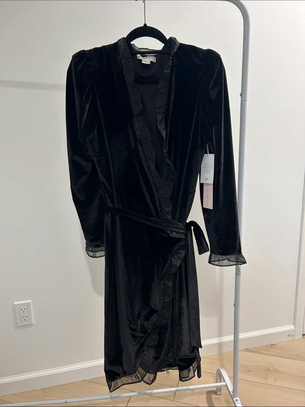 Rachel Pally Black Velvet Wrap Robe with Sheer Trim